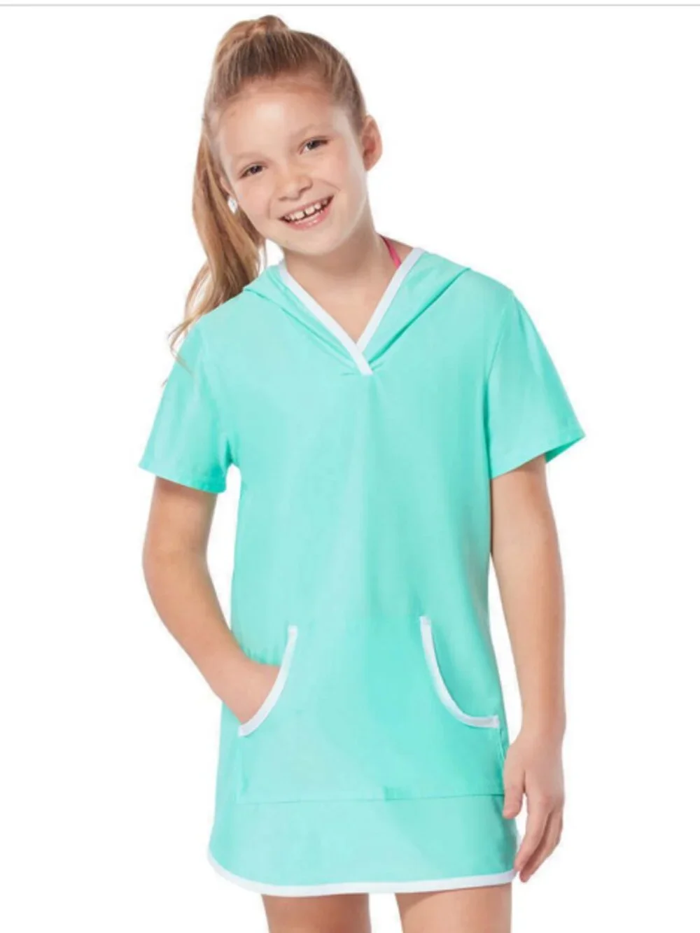 Free Country Youth Girl's Swim Sun Mesh Hooded Kangaroo Cover Up SPEARMINT XS